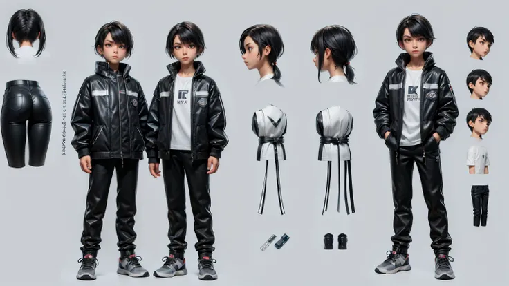 cute face boy, cute face, short height boy, wearing casual futuristic grey color pent, full standing pose, French style hairs, black French style hair, sports shoes, Character Sheet, 12 yo student, Full body, Simple white background, front pose character r...