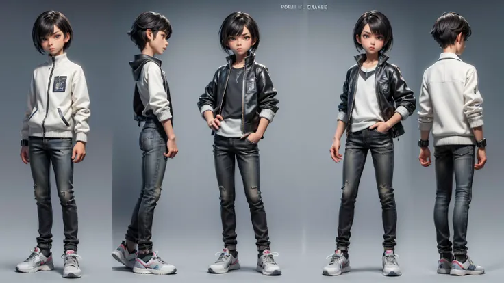 cute face boy, cute face, short height boy, wearing casual futuristic grey color pent, full standing pose, French style hairs, black French style hair, sports shoes, Character Sheet, 12 yo student, Full body, Simple white background, front pose character r...