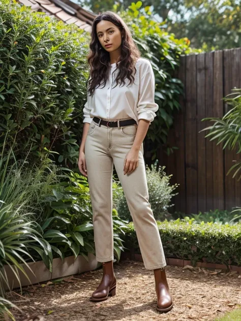 full body shot, feet in view, woman aged 30, standing in garden, rmw_boots, wearing beige pants, wearing white blouse, brownrmw ...