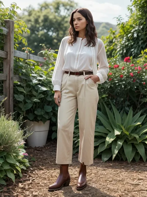 full body shot, feet in view, woman aged 30, standing in garden, rmw_boots, wearing beige pants, wearing white blouse, brownrmw ...