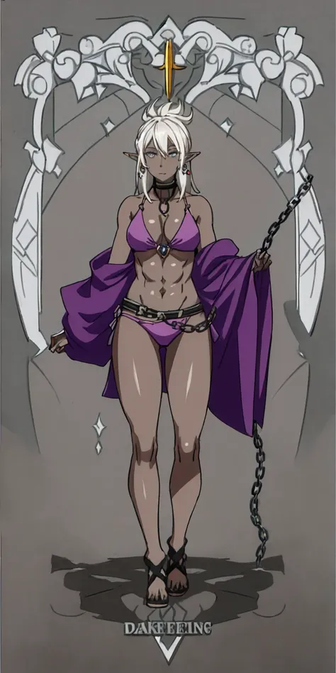 Appearance
Gender: Female
Age: Mature
Race: Drow (elf with dark skin and white hair)
Height: Full-body
Skin: Gray
Skin: Gray
Background: Plain Gray
Eyes: Purple
Attire: Bikini, revealing abdominal muscles
Accessories: Large earrings, ragged rags, chain nec...