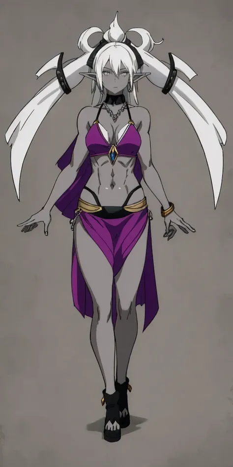 Appearance
Gender: Female
Age: Mature
Race: Drow (elf with dark skin and white hair)
Height: Full-body
Skin: Gray
Skin: Gray
Background: Plain Gray
Eyes: Purple
Attire: Bikini, revealing abdominal muscles
Accessories: Large earrings, ragged rags, chain nec...