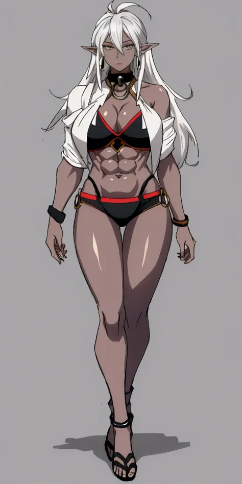 Appearance
Gender: Female
Age: Mature
Race: Drow (elf with dark skin and white hair)
Height: Full-body
Skin: Gray
Skin: Gray
Background: Plain Gray
Eyes: Purple
Attire: Bikini, revealing abdominal muscles
Accessories: Large earrings, ragged rags, chain nec...