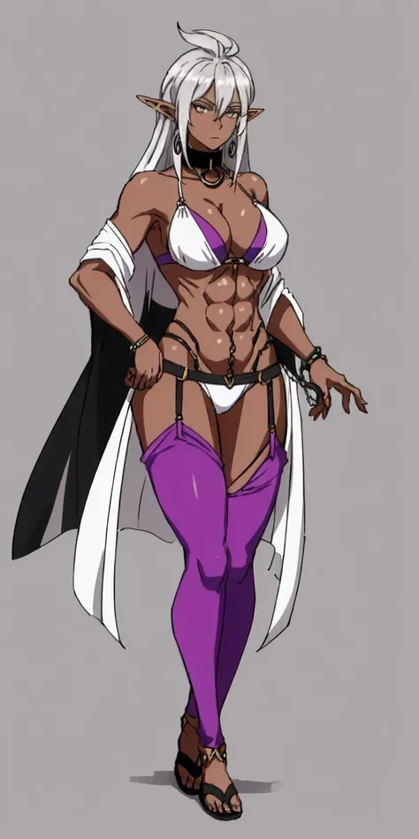 Appearance
Gender: Female
Age: Mature
Race: Drow (elf with dark skin and white hair)
Height: Full-body
Skin: Gray
Skin: Gray
Background: Plain Gray
Eyes: Purple
Attire: Bikini, revealing abdominal muscles
Accessories: Large earrings, ragged rags, chain nec...