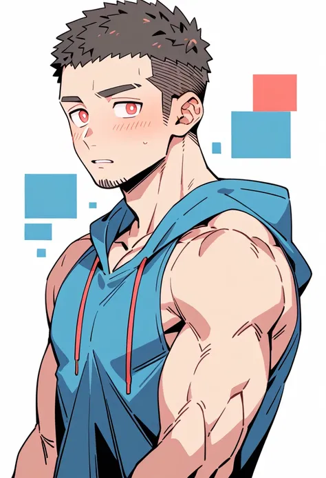 anime characters：Priapus, Muscle Sports Student, Buzz Cut, Manliness, male focus, Sports tight hooded sweatshirt, Very tight, full and perky chest muscles, muscular male, muscular, only, Upper body, alone, Red short hair, Thick eyebrows, stubble, Brown-red...