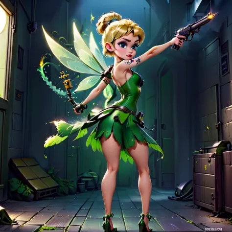 evil tinkerbell with tattoos and a gun. wears military clothing