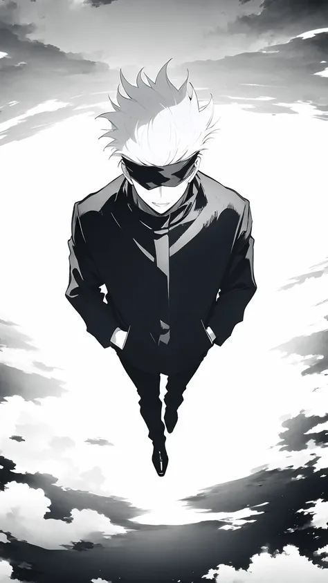 gojo satoru, white hair, black blindfold, black gakuran, hands in pockets, (from above), (masterpiece, best quality:1.2), sky cl...