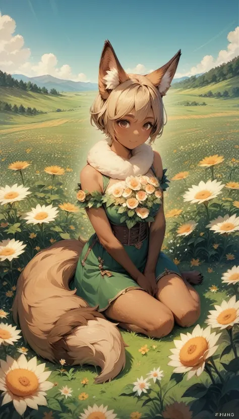 fox, (monster girl), with long brown ears、the inside is dark brown。, brown fur, tan neck hair, brown fluffy tail with tan tip, b...