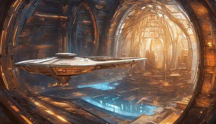 Sci-fi starship embodies biomechanical design, complex and detailed against the stark contrast of space, intricate beams and panels reflect an orange and beige palette, enveloped in a blur and haze that adds a mysterious ambiance, features illuminated by s...