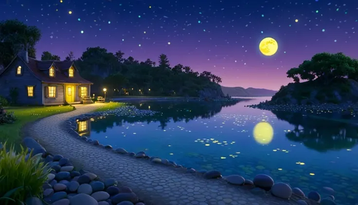 a beautiful calm and peaceful lagoon that reflects the brightness of the stars and moonlight, the stars and the moon have a yell...