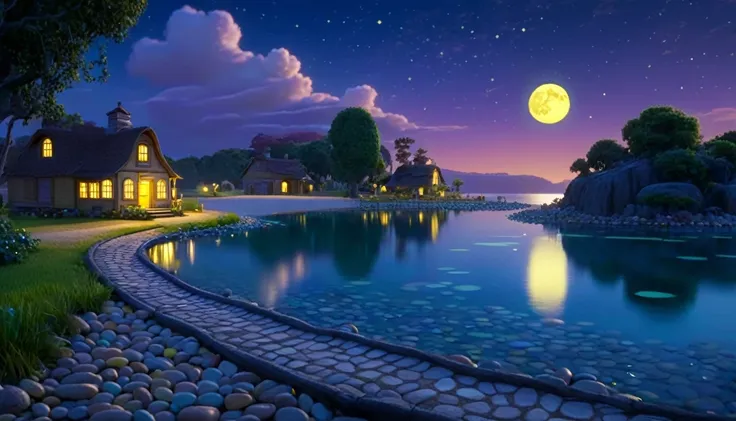 a beautiful calm and peaceful lagoon that reflects the brightness of the stars and moonlight, the stars and the moon have a yell...