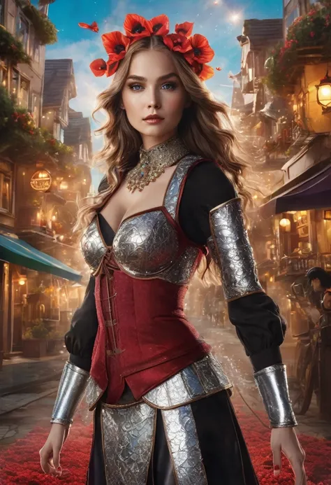 A captivating and surreal movie poster for "Coffee Quest" showcases a strong and alluring female protagonist. She dons a dazzling silver latex corset and chainmail skirt, exuding confidence as she wields a radiant magical bow adorned with enchanted poppy q...