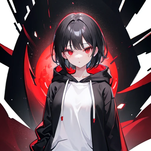 Woman, cute, black hair, short hair, red eyes, white shirt, black hoodie, black skirt, white background, transparent background, anime style, front view, attention, standing still