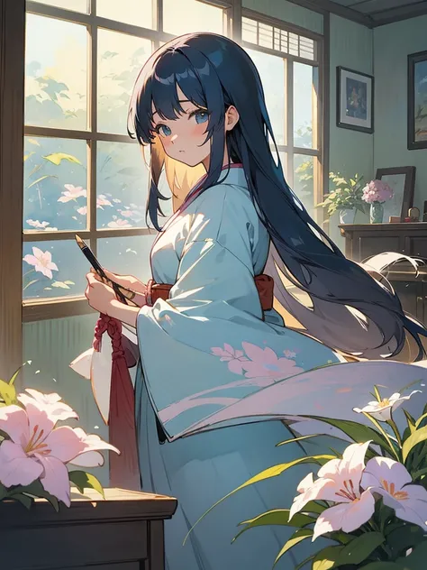 Anime illustration、masterpiece、high quality、girl、Wear a yukata、Drawing a picture、Watercolor Flower Painting、All around is paint、There is a pencil case、The room has a folding screen.、Paintings from the Heian period、Long hair light blue、Decorating with lilie...