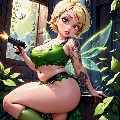 Bad Tinkerbell  with big belly, Tattoos and gun