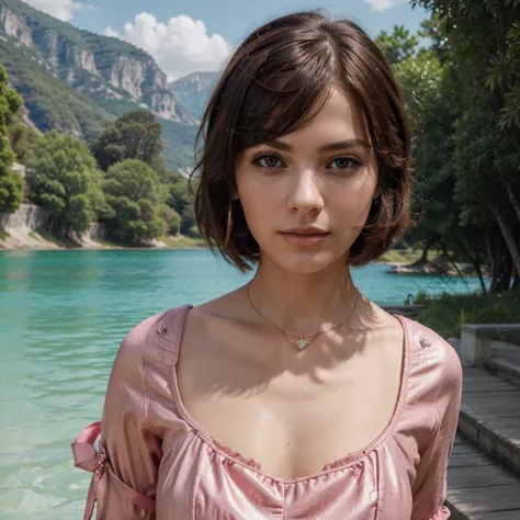 Generate me one of the most beautiful women in the world ,with a wonderful haircut,a very original and very detailed face, a magnificent pink outfit from the Prada brand as well as magnificent Prada jewelry all in a lake background