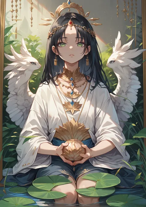 Painting of an angel sitting in a lotus position., Goddess of love and peace, bodhisattva, , queen , meditate , Gray eyes ,black hair , holding a round ball