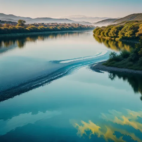 (watercolor style, spectral art) + majestic river overlooking the panorama + costume back (vista) + (flow + subtle reflection) + (blending + splashing) + (light and shadow clear + swaying dynamic)