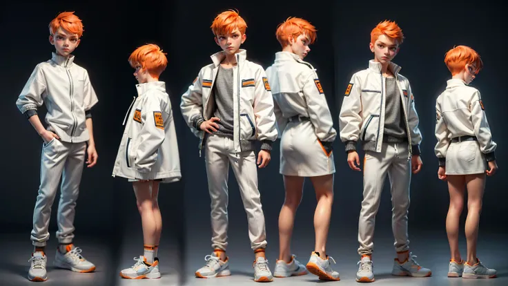 cute face boy, cute face, short height boy, wearing casual futuristic white color pent, white dress, full standing pose, Taper Fade hairs, orange Taper Fade style hair, orange hairs, sports shoes, Character Sheet, 12 yo student, Full body, Simple white bac...