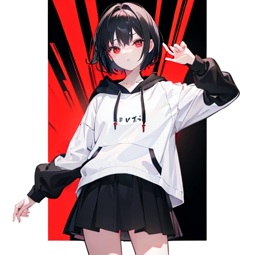 Woman, cute, black hair, short hair, red eyes, white shirt, black hoodie, black skirt, white background, transparent background, anime style, front view, attention, standing still