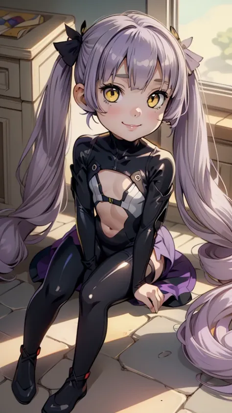 One girl,(((Young face))),((Short))、(((Round face)))、(((Yellow Eyes)))、(((Light purple hair)))、((Twin tails long enough to reach the ground))、(((long hair)))、(Black Ribbon),(smile),Red lips,Cute Face, Sitting,Wearing a full body suit,Black bodysuit,Shiny b...