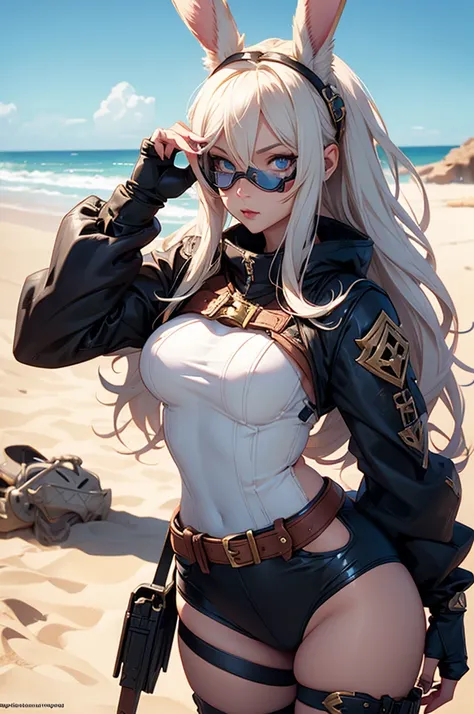 Bunny woman, rabbit woman, final fantasy xiv, hot pants, belt, blue_eyes,skinned_female, fingernails, goggles, goggles_on_head, , hand_on_hip, long_hair, , viera, sand_background