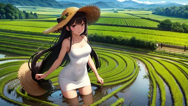 View from the summit,Small seedlings growing in rice paddies,Rice cultivation,Rice transplanter,masterpiece,Long black hair,Large Breasts,Brown eyes,Straw hat,White dress