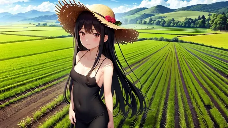 View from the summit,Small seedlings growing in rice paddies,Rice cultivation,Rice transplanter,masterpiece,Long black hair,Large Breasts,Brown eyes,Straw hat,White dress