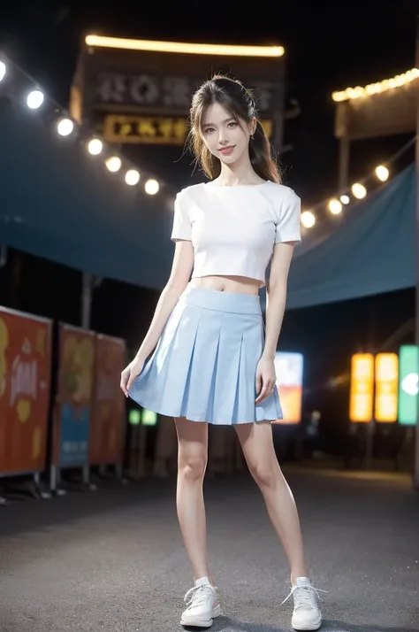 (((best quality))),(((ultra detailed))),(((masterpiece))),illustration,((a beautiful girl,solo)),(shoulder length straight hair:1.2),((slim,thin)),((small breasts,flat chest,claviclis,navel)),(blue short-sleeved white shirt:1.5),(blue mini-skirt:1.3),(slen...