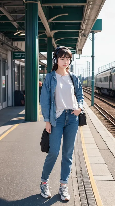 Please draw a cute girl in the style of Studio Ghibli, set on a train station platform. The girl is wearing casual and active clothing, listening to music with headphones, while waiting for her boyfriend to arrive.