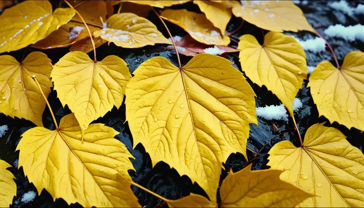 (lemon yellow gradation leaves),(winter leaves), (half withered),(niagara falls),magical round leaves leaves falling, snow is fa...