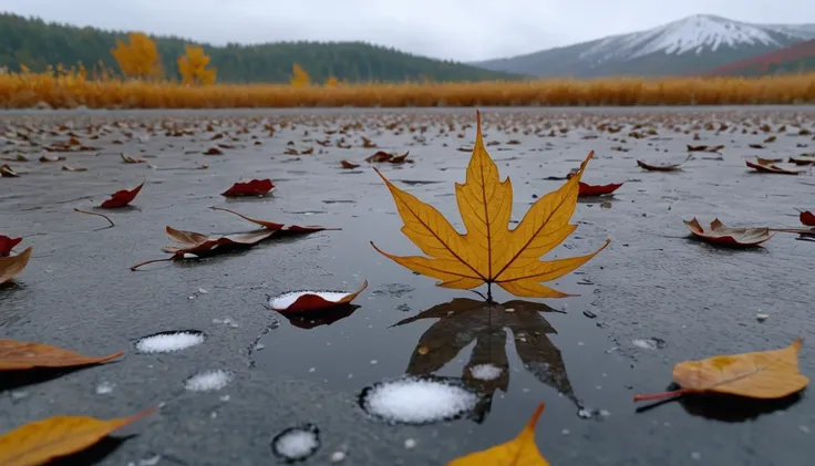 (pearl grey leaves),(square leaf), (half withered),(dry lake),magical round leaves leaves falling, snow is falling thinly,nature...