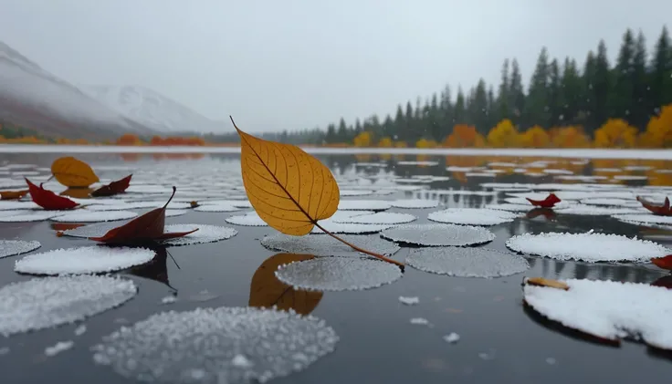 (Pearl Grey leaves),(square leaf), (half withered),(dry lake),magical round leaves leaves falling, snow is falling thinly,nature documentry footage, youtube video screenshot, todays featured photography 4k, autumn rain turkel, nature photography 4k, novemb...