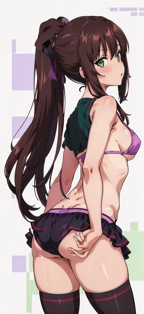 masterpiece, best quality,1girl,solo,kirasaka sayaka,brown hair,long hair,ponytail, hair ribbon, green eyes,,purple thighhighs, wariza, (bikini). From side  