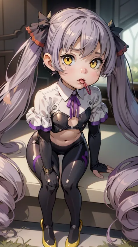 one girl,(((young face))),((short))、(((round face)))、(((yellow eyes)))、(((light purple hair)))、((twin tails long enough to reach...