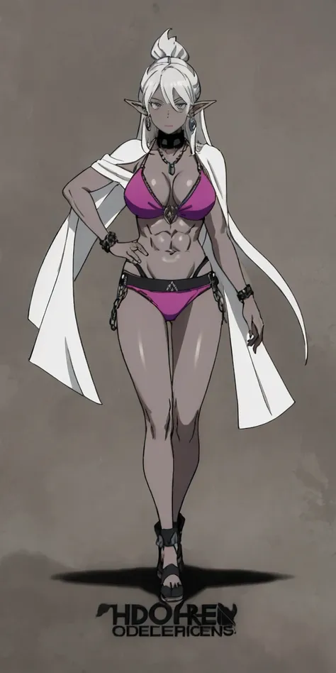 Appearance
Gender: Female
Age: Mature
Race: Drow (elf with dark skin and white hair)
Height: Full-body
Skin: Gray
Skin: Gray
Background: Plain Gray
Eyes: Purple
Attire: Bikini, revealing abdominal muscles
Accessories: Large earrings, ragged rags, chain nec...