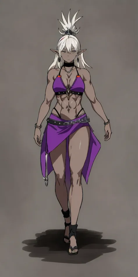 Appearance
Gender: Female
Age: Mature
Race: Drow (elf with dark skin and white hair)
Height: Full-body
Skin: Gray
Skin: Gray
Background: Plain Gray
Eyes: Purple
Attire: Bikini, revealing abdominal muscles
Accessories: Large earrings, ragged rags, chain nec...