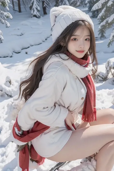 (nsfw), A beautiful girl，long hair slightly curly，(horny emotion), (sexy smile), horny, Wearing a white cotton jacket，Wearing a red plush hat，wearing red scarf，(sitting on the snow), (sex posed), (big breast), (view from behind), (no pants), (naked ass), (...