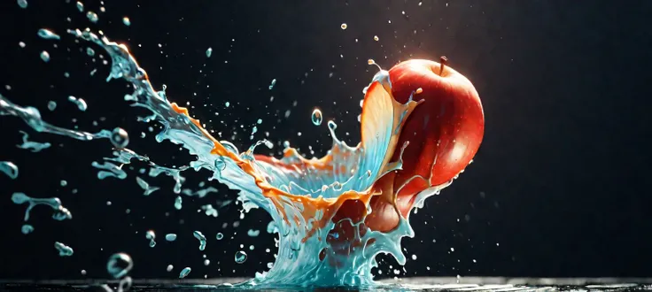 a close up of a red apple with water splashing off it, slow - mo high speed photography, high speed photography, super high speed photography, professional fruit photography, red apple, 4 k hd wallpapear, splashing, water splashing, super slowmotion, profi...