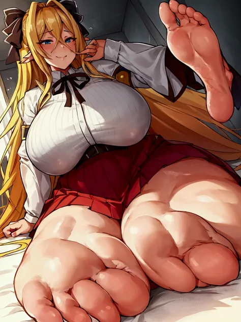 {full body},{{wariza}},seiza,sitting,foot focus,from below,looking down, dynamic cut,dynamic angle,foot focus,naughty smile,very muscular,very muscle,very big breasts,very curvy,very big woman,two side up,blonde hair,barefoot,cute dress shirt frills ribbon...