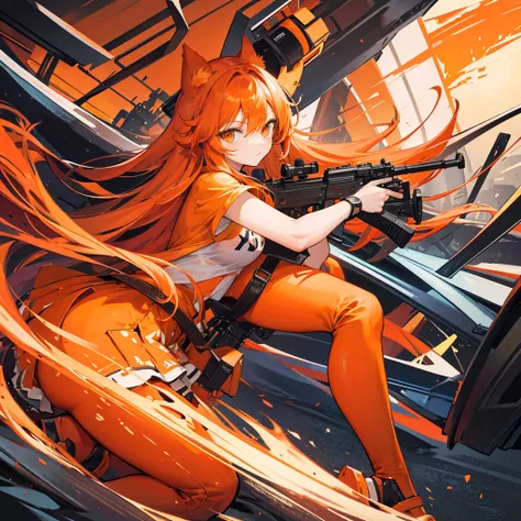 Orange hair, long hair, cute face, orange cat ears, orange cat tail, I CUP, AK-47 in hand 