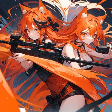 Orange hair, long hair, cute face, orange cat ears, orange cat tail, I CUP, AK-47 in hand 