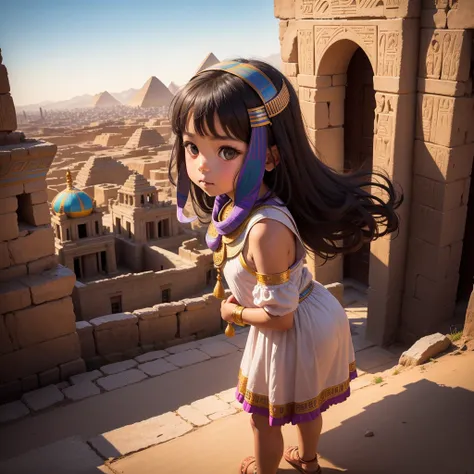 Cute Ancient Egyptian 8 year old girl、A hill overlooking the colorful temples of ancient Egypt、A colorful view of the whole city、whole body、Low - Angle、Standing posture