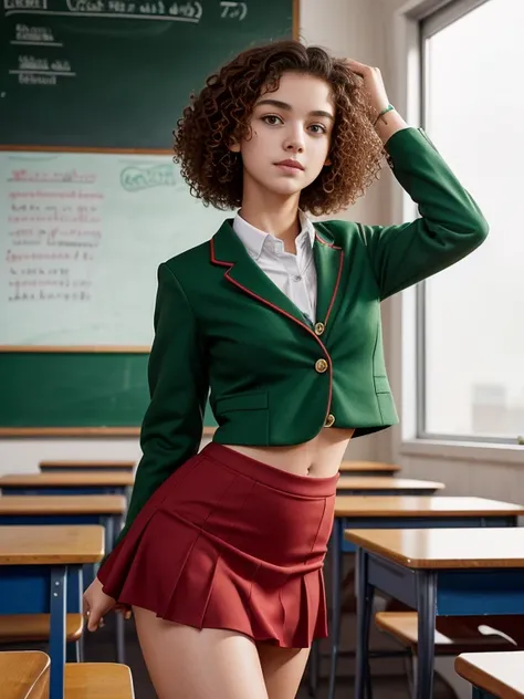 17 year old girl, short hair, extremely curly, Red color, Skinny body, , with green school suit, short skirt, shows her legs, is standing, In classroom, the blackboard is behind her, two hands, slavic face, freckles on his face, very beautiful