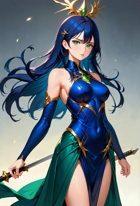 Girl with dark blue hair, green eyes,tall rectangular body figure, mature, elagant dress made for warrior