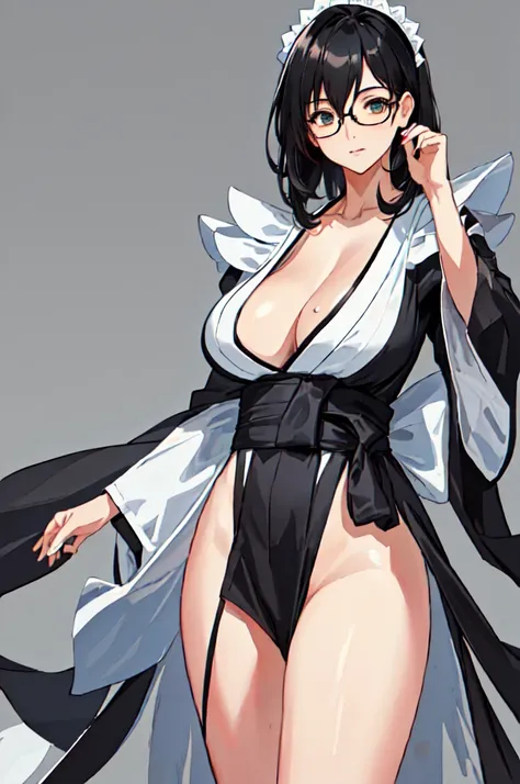 {{masterpiece}},high quality, 4K, 2D, 1 girl,{simple gray background},(attractive mature lady:1.6),milf,standing,sagging breasts,(gigantic breasts:1.5),kimono maid,front face,{{tareme}},attractive mature lady,black hair, {from right in front of face and bo...