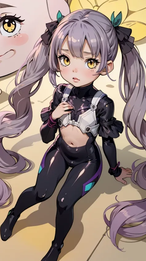 One girl,(((Young face))),((Short))、(((Round face)))、(((Yellow Eyes)))、(((Light purple hair)))、((Twin tails long enough to reach the ground))、(((long hair)))、(Black Ribbon),Pink lips,Cute Face, Sitting,Wearing a full body suit,Black bodysuit,Shiny bodysuit...