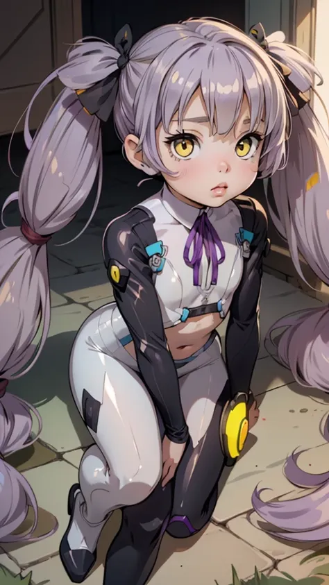 one girl,(((young face))),((short))、(((round face)))、(((yellow eyes)))、(((light purple hair)))、((twin tails long enough to reach...