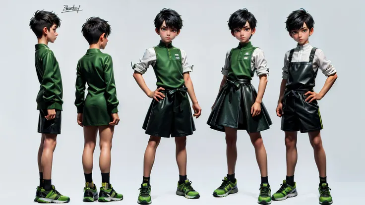 cute face boy, cute face, short height boy, wearing casual futuristic green color pent, green dress, full standing pose, Butch Cut hairs, black Butch Cut style hair, black hairs, sports shoes, Character Sheet, 12 yo student, Full body, Simple white backgro...