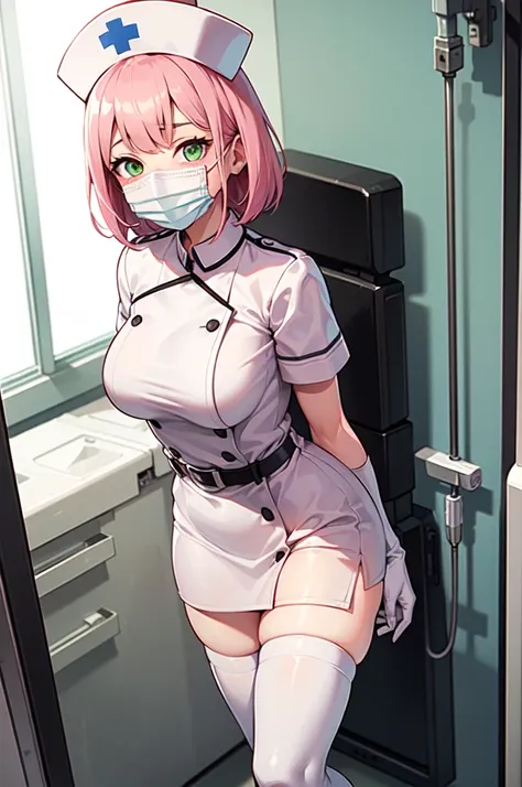 1girl, solo, nurse, white nurse cap, white nurse uniform, ((white legwear, zettai ryouiki)), white gloves, pink hair, green eyes...